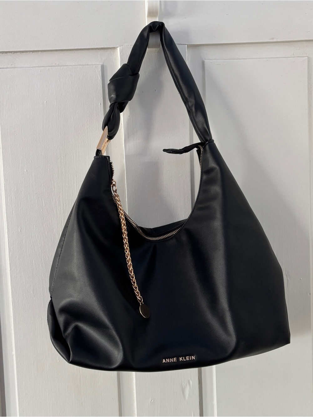 Anne Klein Black Shoulder Knot Hobo Bag with Gold Chain Accent